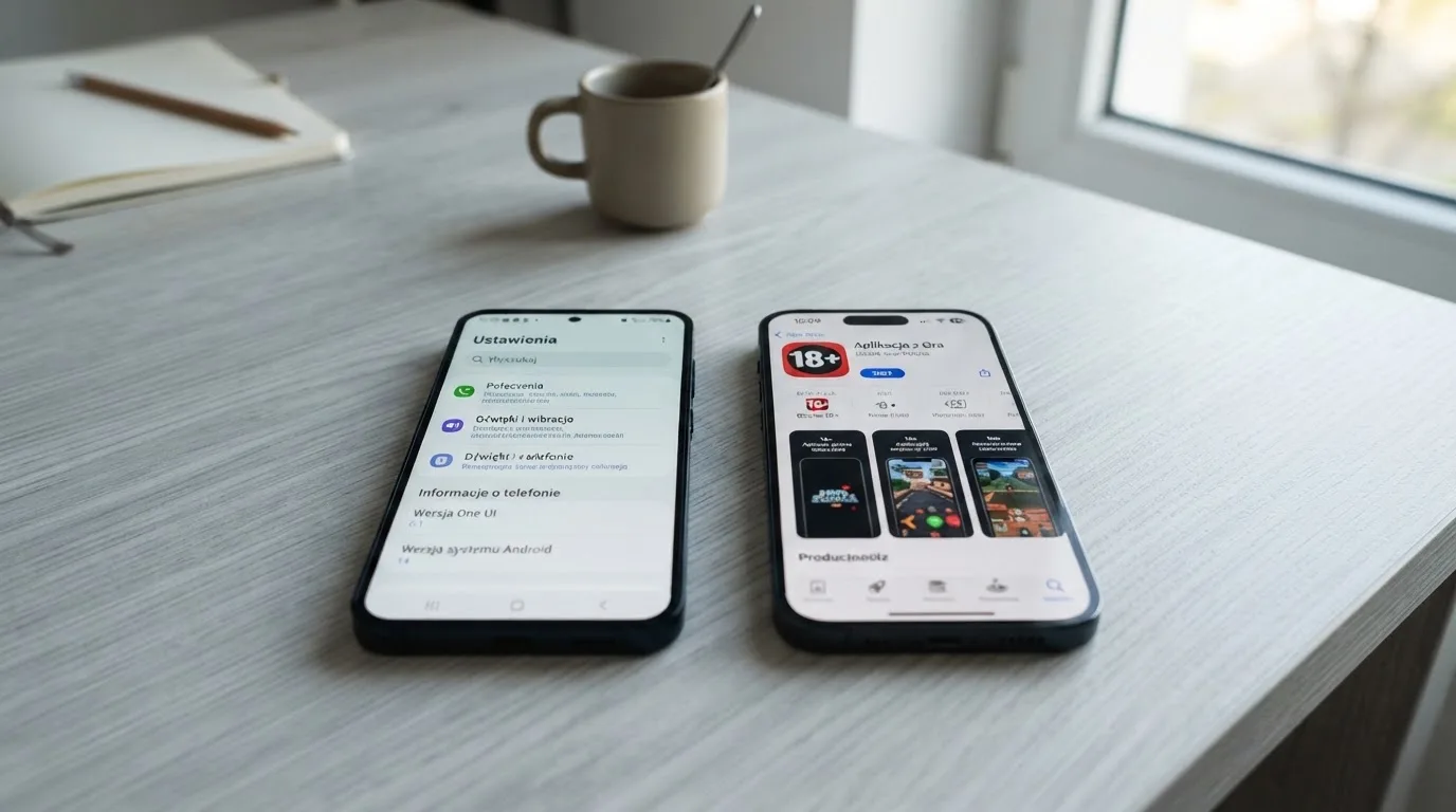 Dwa telefony na biurku: Android z ekranem ustawień wersji systemu i iPhone z otwartą stroną aplikacji w App Store z oznaczeniem 18+