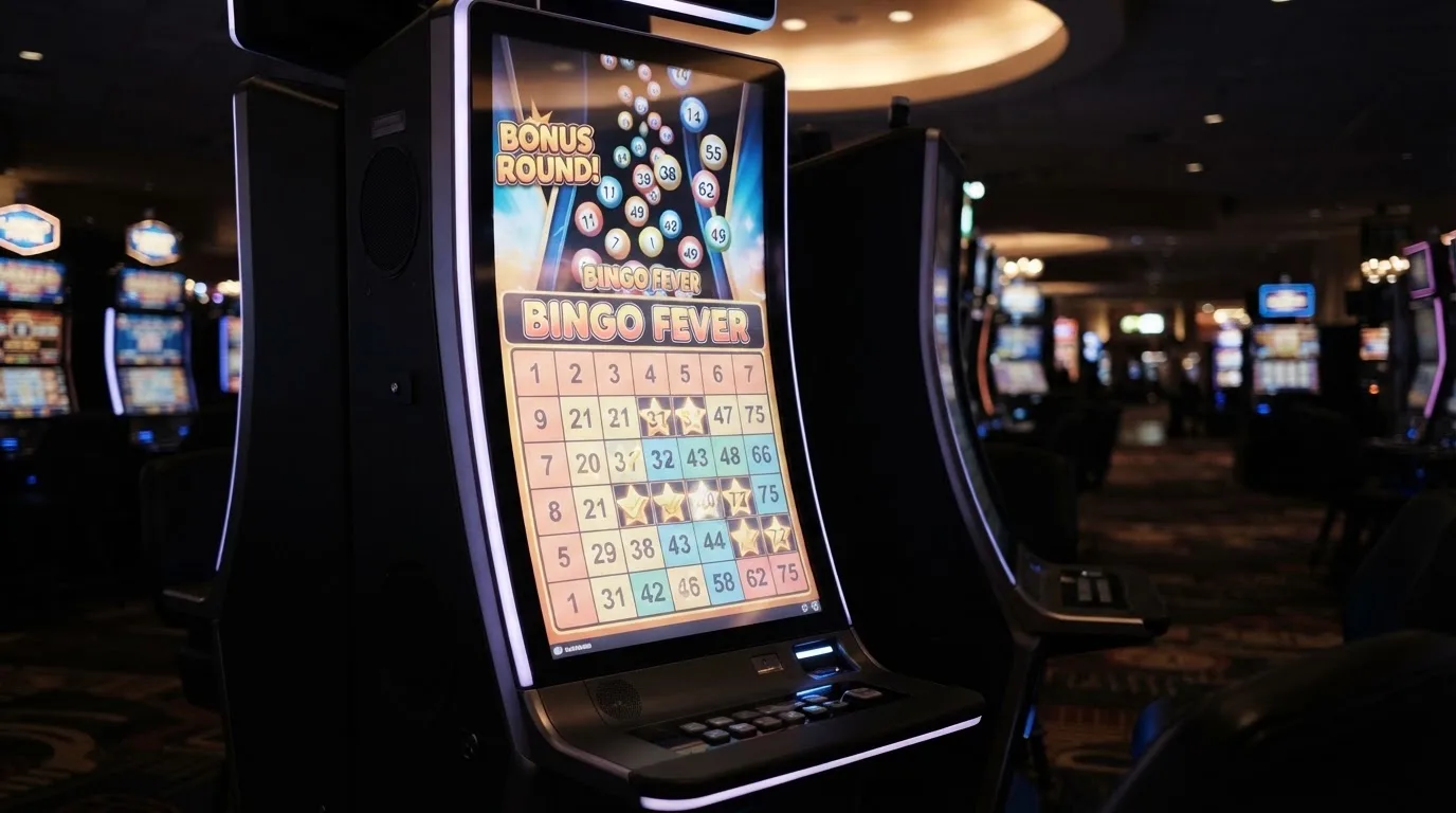 Ekran automatu do gry z kolorową planszą w stylu bingo i podświetlonymi liczbami
