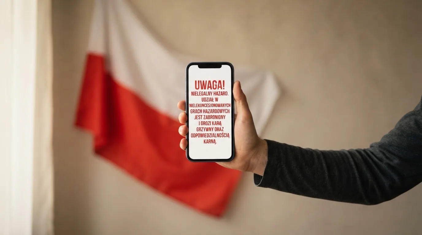 Dłoń trzymająca telefon z widocznym komunikatem ostrzegawczym o legalności hazardu online na tle biało-czerwonej flagi Polski.