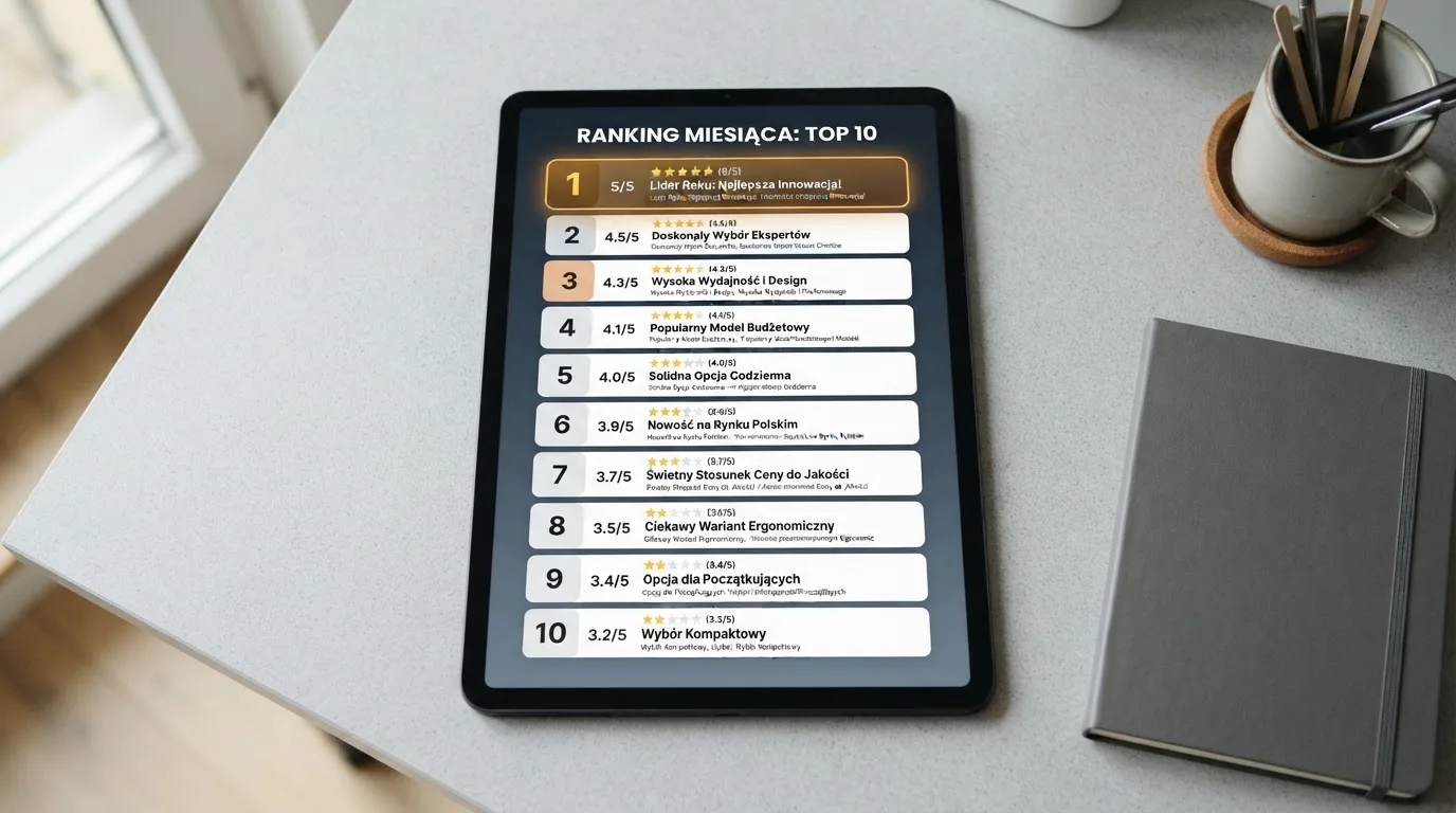 Ranking dziesięciu kart operatorów online ułożonych od najwyżej do najniżej ocenionego na ekranie tabletu.