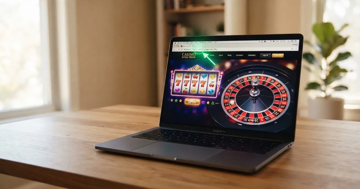 Laptop na biurku z otwartą stroną kasyna internetowego i ikoną kłódki szyfrowania w pasku adresu przeglądarki