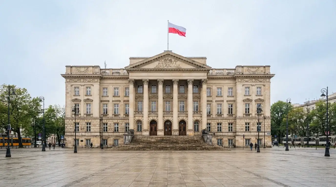 Fasada budynku instytucji państwowej z flagą Polski, symbol nadzoru regulatora nad rynkiem gier hazardowych