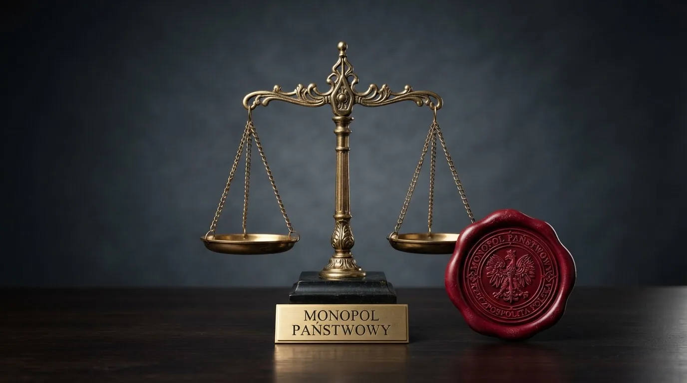 Waga i pieczęć obok napisu o państwowym monopolu na kasyno online