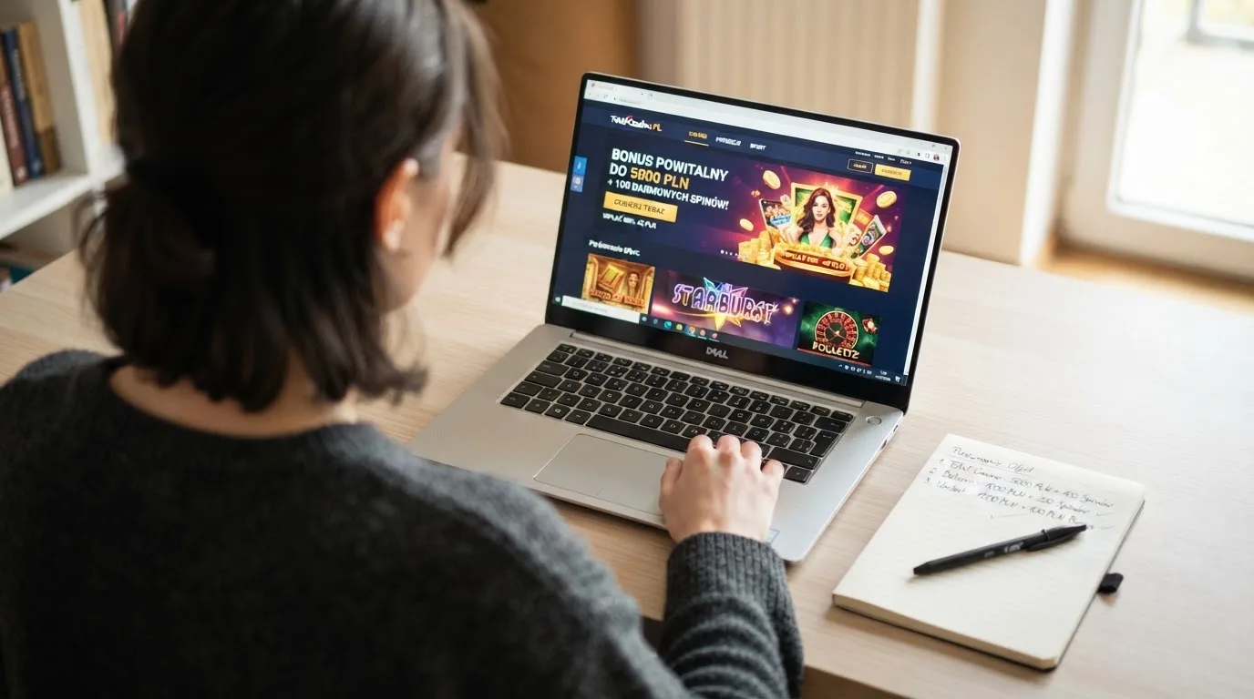 Widok z góry na laptop z otwartą tabelą porównawczą ofert powitalnych kilku serwisów kasynowych