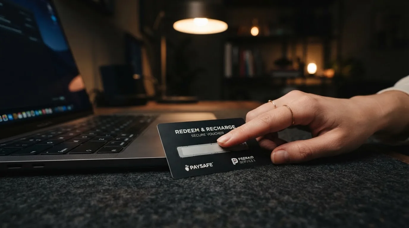 Karta przedpłacona Paysafecard z zasłoniętym polem kodu PIN obok klawiatury laptopa