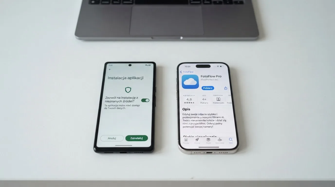 Dwa telefony obok siebie: na jednym komunikat zgody na instalację pliku APK z nieznanego źródła, na drugim strona aplikacji w sklepie z przyciskiem pobierania