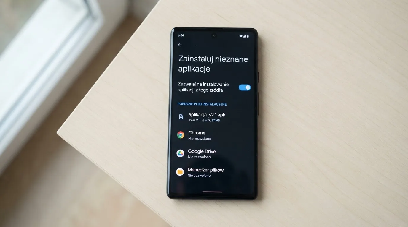 Ekran ustawień Androida z przełącznikiem zgody na instalację aplikacji z nieznanego źródła i pobranym plikiem instalacyjnym na liście