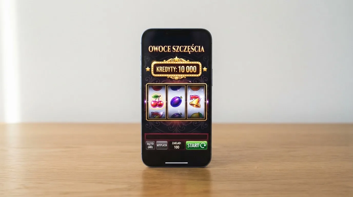 Ekran smartfona z uruchomionym trybem demo automatu, licznik wirtualnych kredytów zamiast prawdziwych pieniędzy