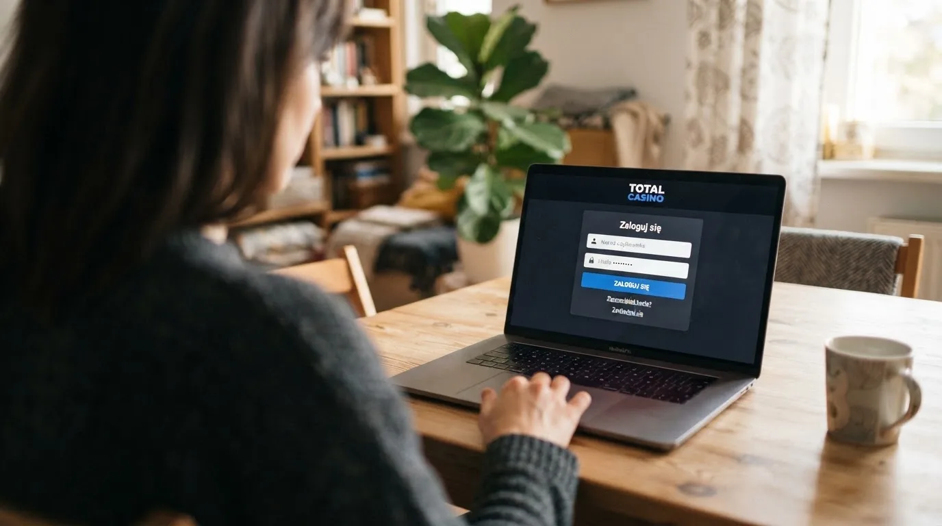 Strona logowania oficjalnej platformy Total Casino na ekranie laptopa, jedynego legalnego kasyna online w Polsce