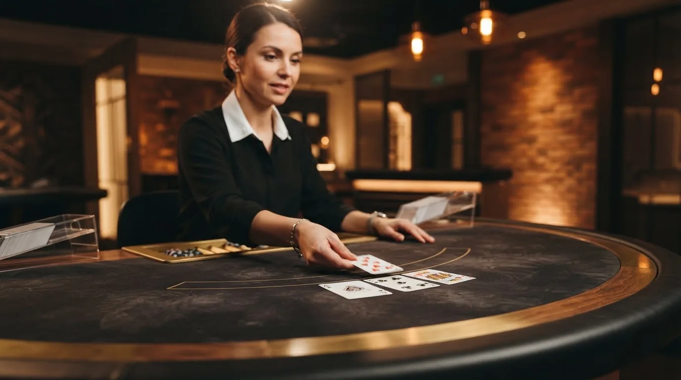 Krupier rozdający karty przy stole blackjacka podczas transmisji na żywo