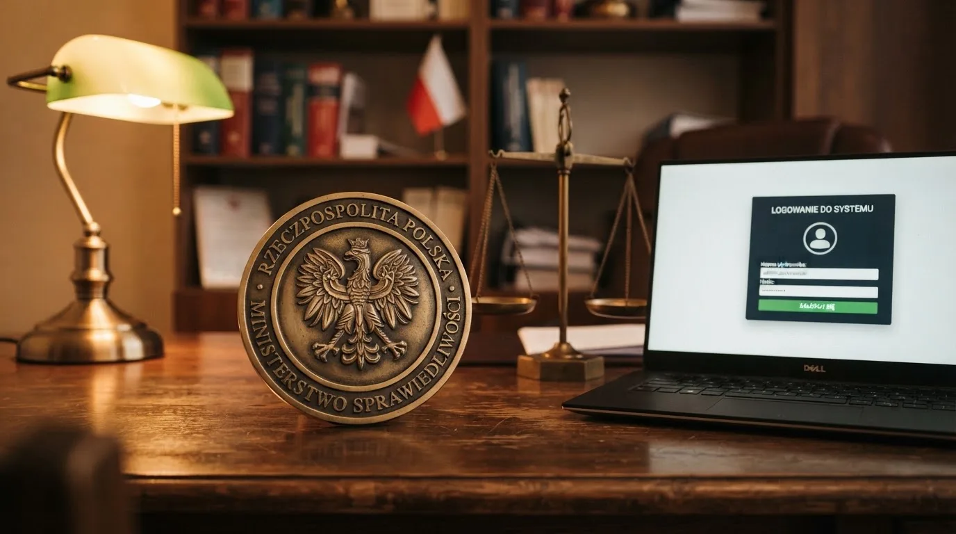 Symboliczna pieczęć urzędowa i waga obok ekranu logowania do serwisu hazardowego
