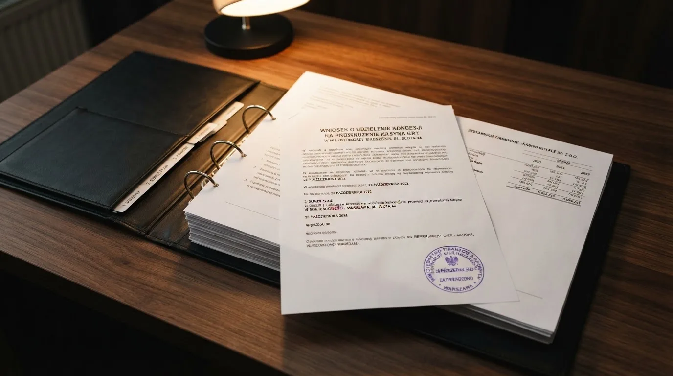 Segregator z wnioskiem o koncesję na kasyno gry, wydrukiem sprawozdania finansowego i urzędową pieczątką leżący na biurku
