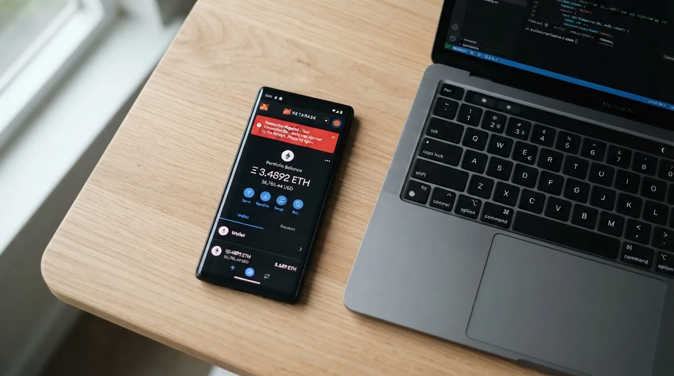 Smartfon z otwartym portfelem kryptowalut i komunikatem o odrzuconej płatności leżący obok laptopa