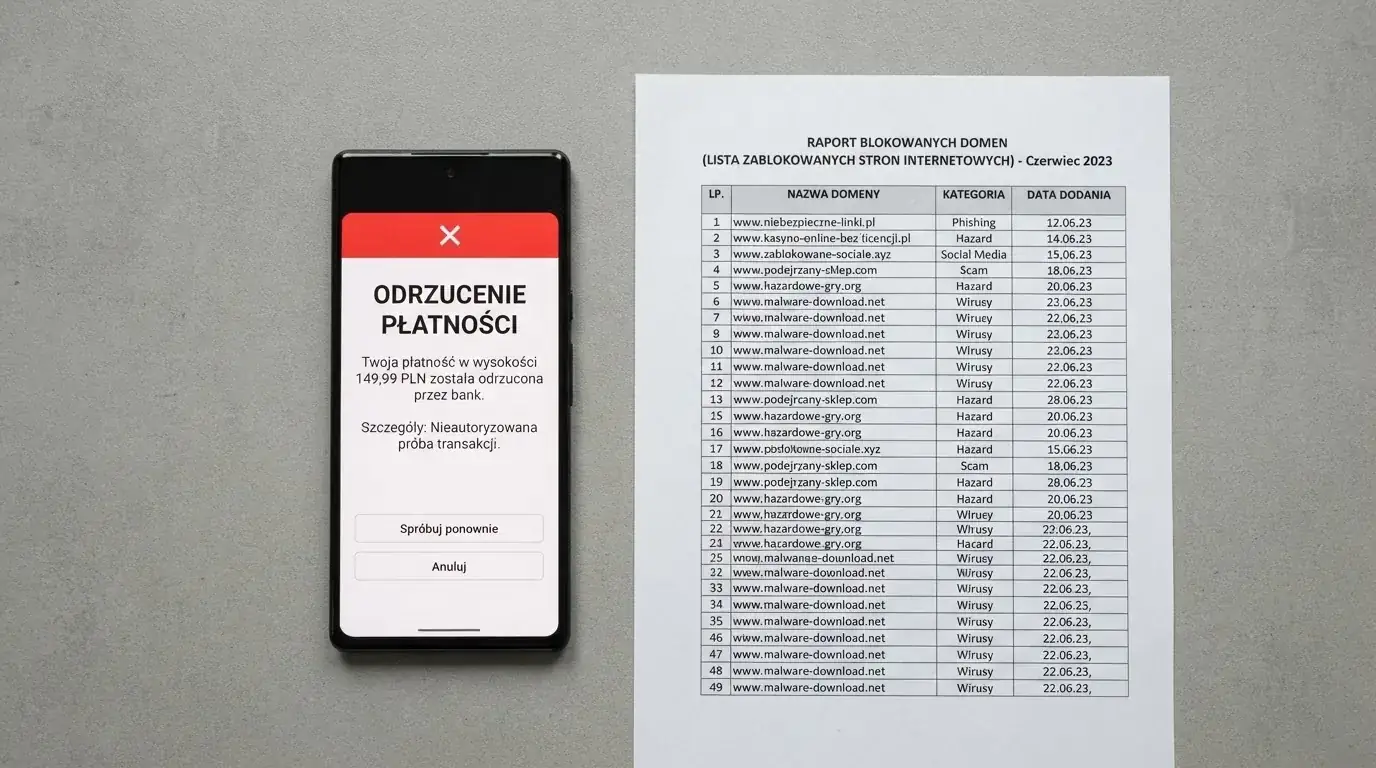 Telefon z komunikatem o odrzuconej płatności na ekranie, obok wydruk tabeli z listą zablokowanych adresów stron