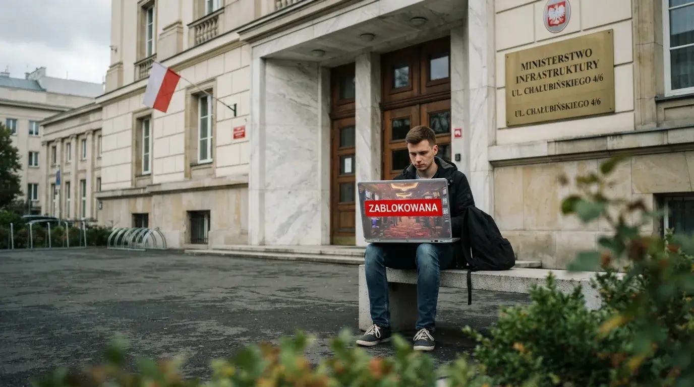 Budynek urzędu z tablicą ministerstwa, na pierwszym planie laptop z komunikatem o zablokowanej stronie kasyna