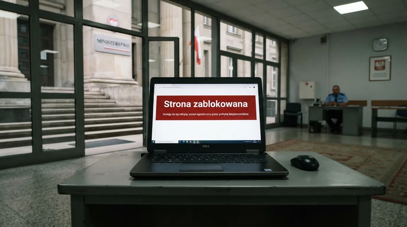 Laptop z komunikatem o zablokowanej stronie hazardowej, w tle budynek urzędu z tablicą ministerstwa