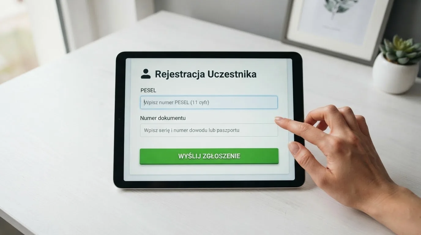 Formularz rejestracji konta gracza z polami na PESEL i numer dokumentu tożsamości na ekranie tabletu