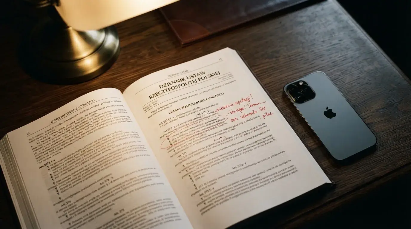 Wydruk ustawy o grach hazardowych z zakreślonymi artykułami leżący na biurku obok wyłączonego smartfona