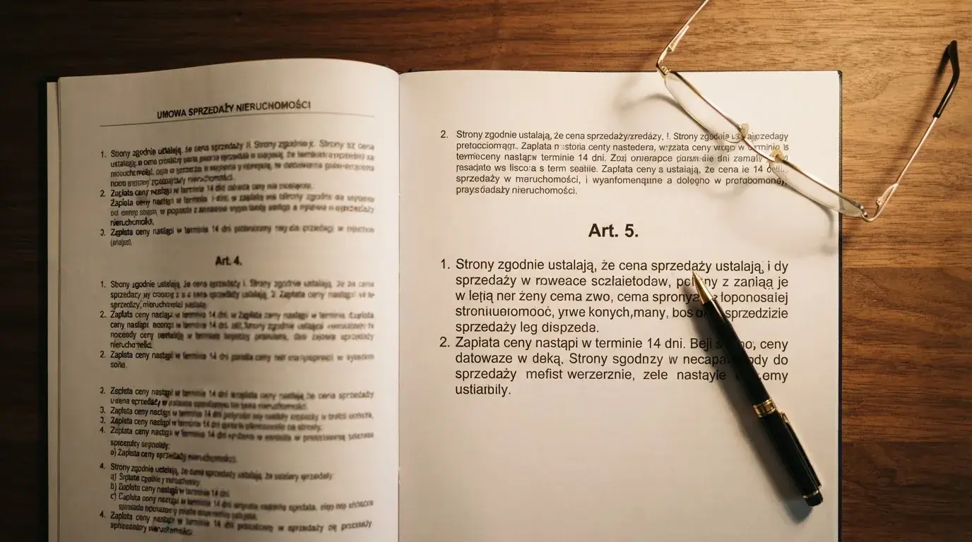 Wydrukowany tekst ustawy o grach hazardowych otwarty na artykule 5, obok okularów i długopisu na biurku