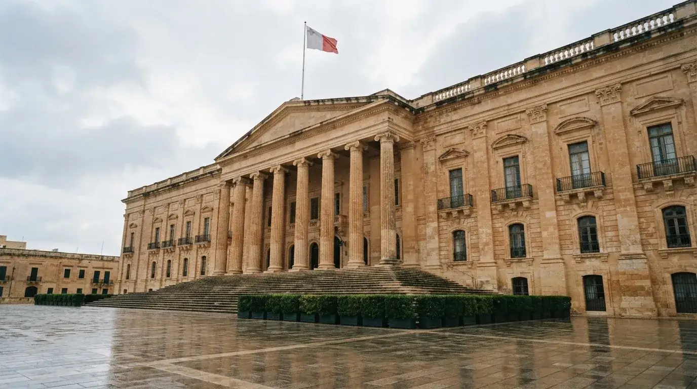 Budynek urzędu administracji państwowej z flagą Polski na maszcie w tle
