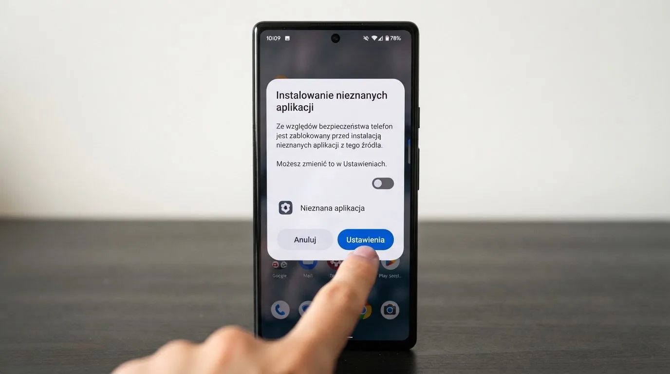 Zbliżenie ekranu Androida z systemowym pytaniem o zgodę na instalację pliku APK z nieznanego źródła i przyciskami Anuluj oraz Ustawienia