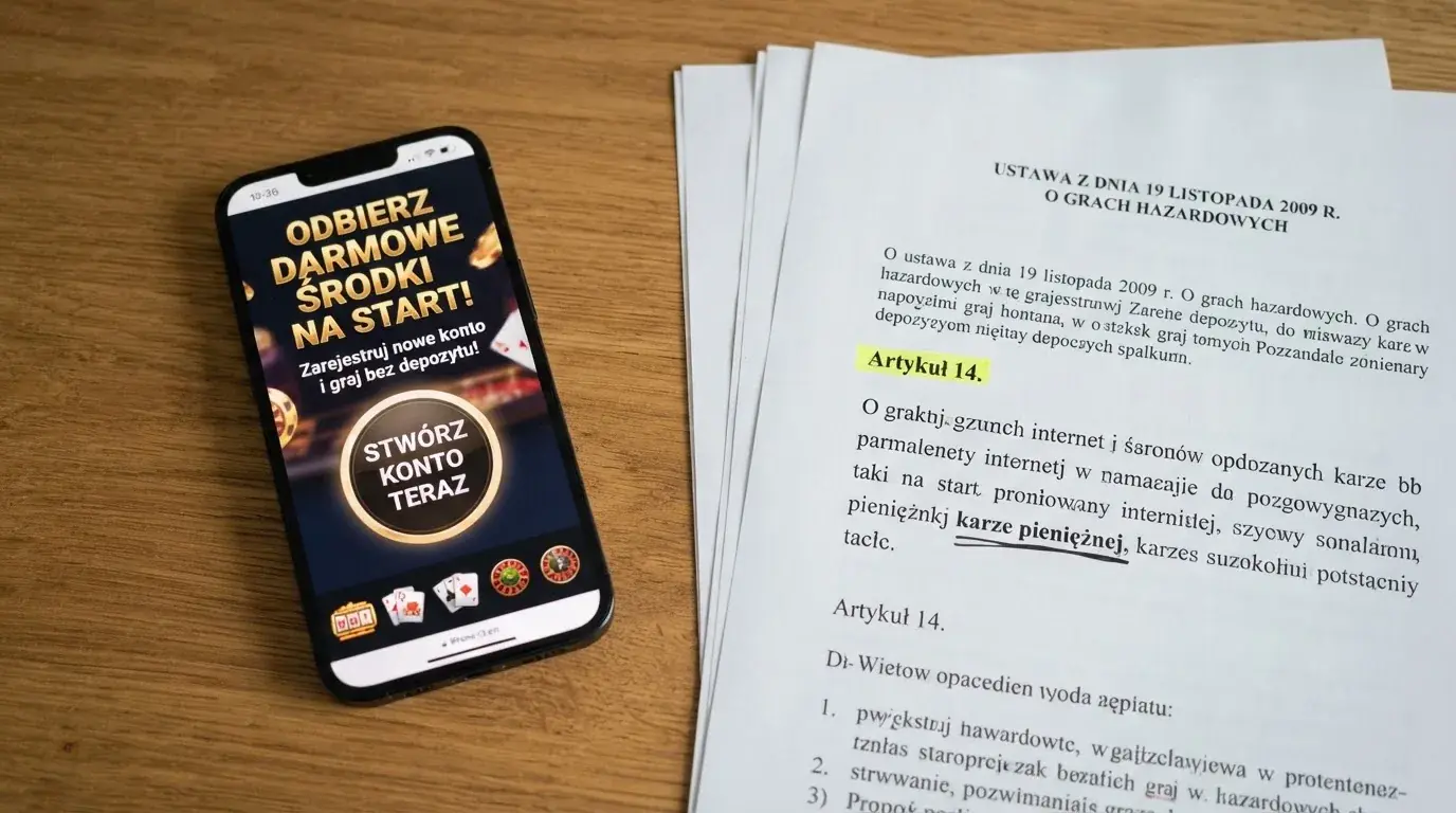 Telefon z banerem obiecującym darmowe złotówki za założenie konta, obok wydrukowany tekst ustawy o grach hazardowych z zaznaczonym artykułem