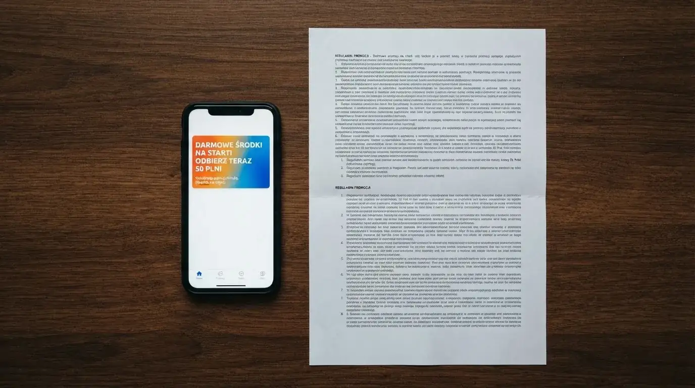 Telefon z wyskakującym banerem obiecującym darmowe złotówki za rejestrację, obok wydruk ustawy o grach hazardowych
