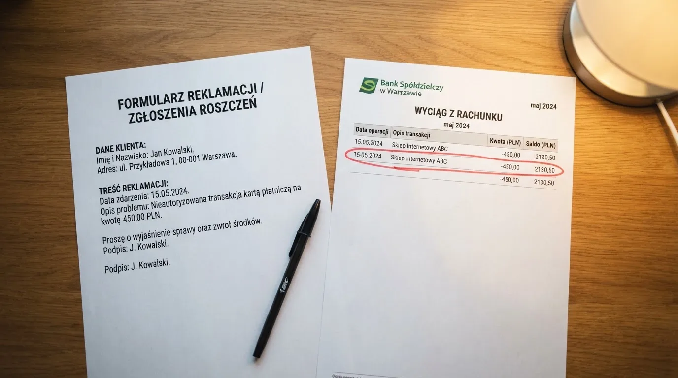 Wydrukowany formularz reklamacji leżący na biurku obok długopisu i wyciągu bankowego z zakreśloną pozycją